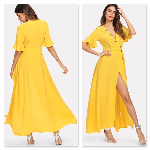 Button Up V-Neck Maxi Wrap Dress Side Tie Yellow - Picture 3 of 8